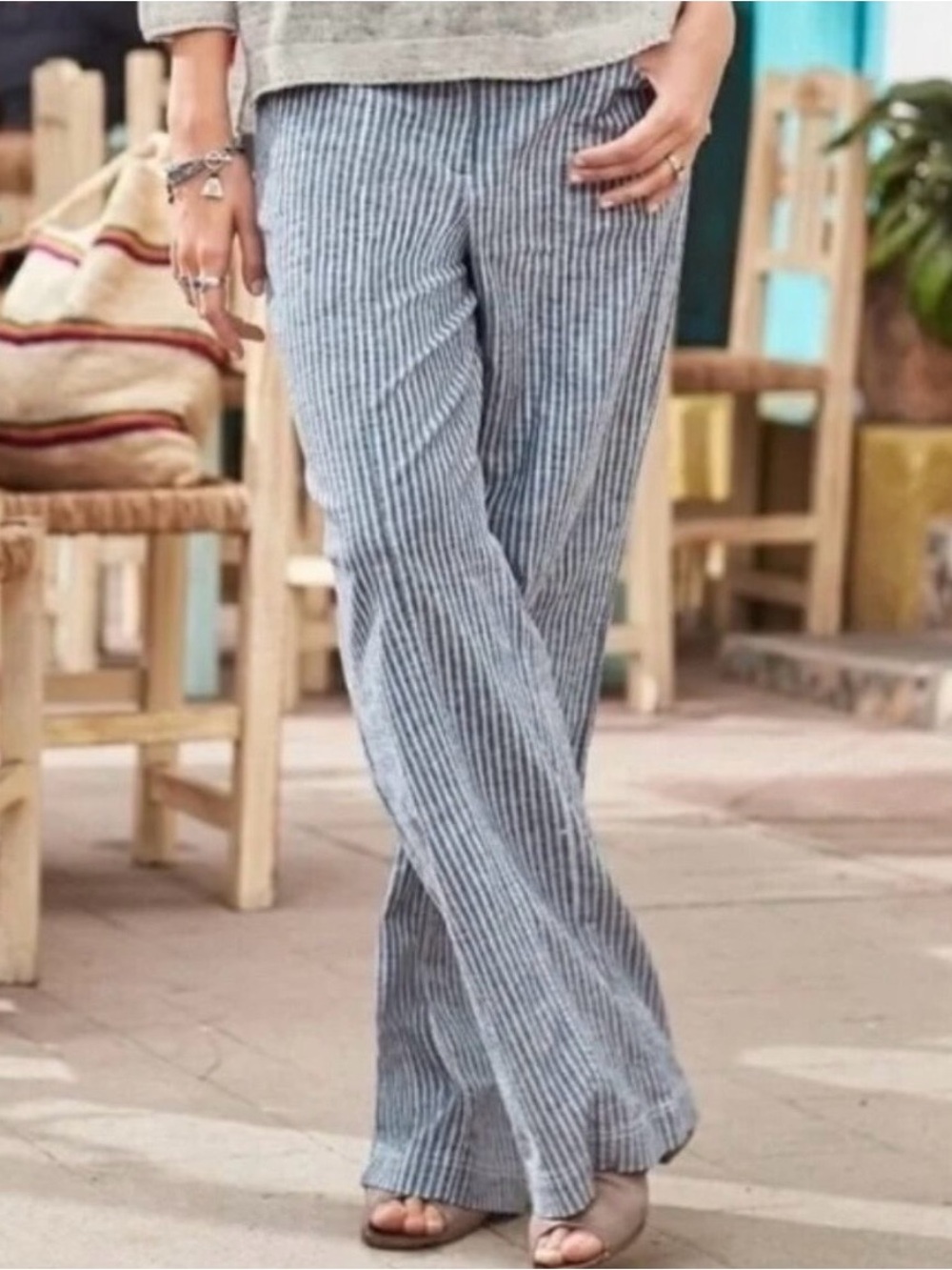 EUC Sundance Blue & White Pinstripe Wide-Leg Linen Pants